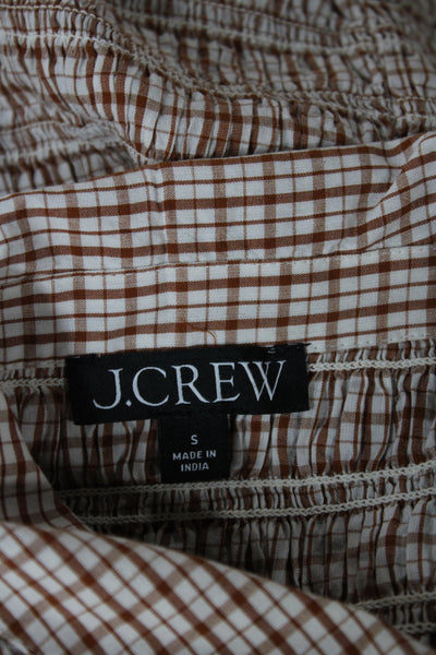 J Crew Womens Basic Brown Checked Collared Short Sleeve Blouse Cotton Size S