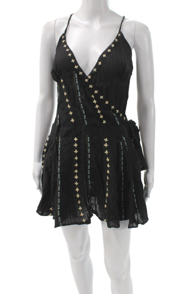 Somi Women Mini Dress Black V-Neck Sleeveless Cotton Argyle Zip Bohemian Size 2