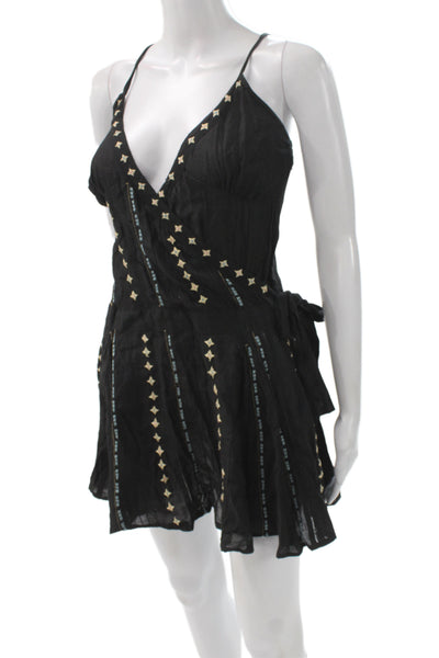 Somi Women Mini Dress Black V-Neck Sleeveless Cotton Argyle Zip Bohemian Size 2