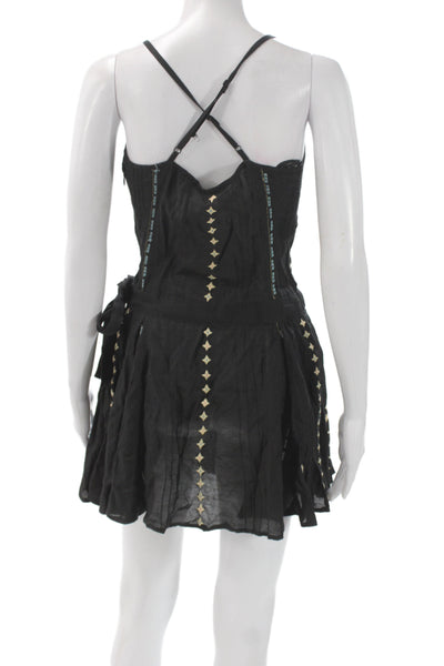 Somi Women Mini Dress Black V-Neck Sleeveless Cotton Argyle Zip Bohemian Size 2