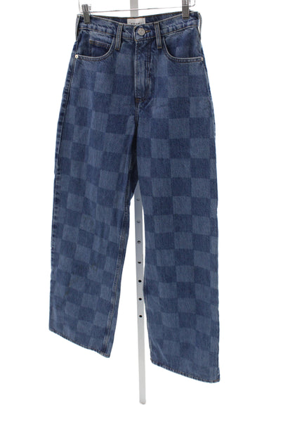 Frame Women Wide-Leg Jeans Blue Check High Rise 100% Cotton Size 24