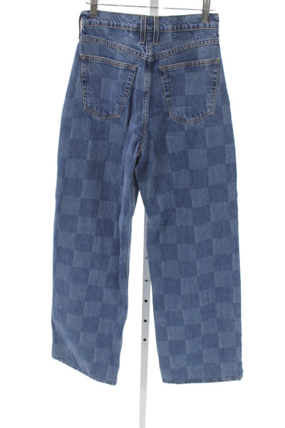 Frame Women Wide-Leg Jeans Blue Check High Rise 100% Cotton Size 24