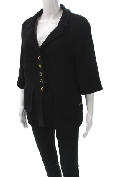 Chanel Women Black Silk Basic Jacket 3/4 Sleeve Button Closure Size 46