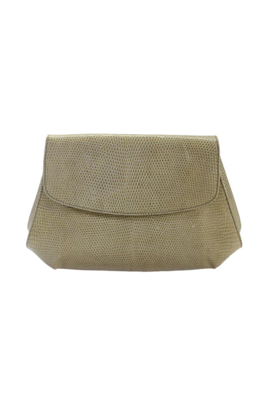 Bottega Veneta Womens Button Flap Lizard Skin Clutch Handbag Brown
