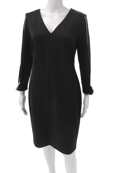 Calvin Klein Womens Sheath Dress Black V-Neck Long Sleeve Knee Length Size 10