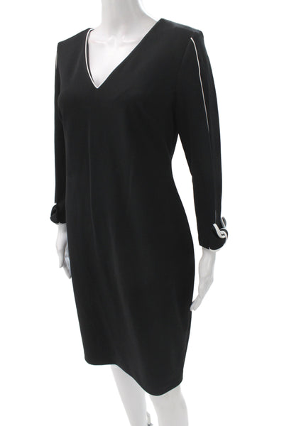 Calvin Klein Womens Sheath Dress Black V-Neck Long Sleeve Knee Length Size 10