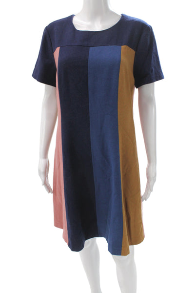 Boden Womens Shift Dress Blue Colorblock Round Neck Short Sleeve Zip Size 10