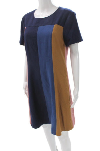 Boden Womens Shift Dress Blue Colorblock Round Neck Short Sleeve Zip Size 10