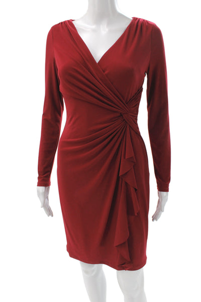 Lauren Ralph Lauren Women Red Wrap Dress Long Sleeve V-Neck Knee Length Size 4P
