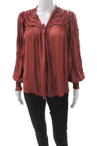 Ulla Johnson Womens Tunic Blouse Silk V-Neck Long Sleeve Red Size 2