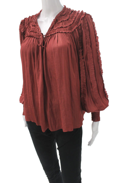 Ulla Johnson Womens Tunic Blouse Silk V-Neck Long Sleeve Red Size 2