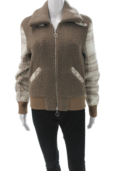 Jonathan Simkhai Women Bomber Jacket Plaid Brown Zip Long Sleeve Size XS
