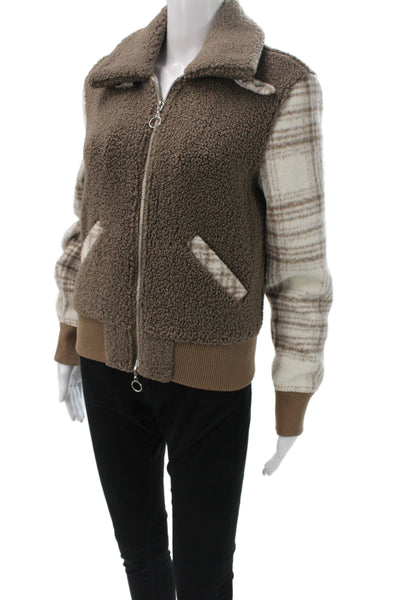 Jonathan Simkhai Women Bomber Jacket Plaid Brown Zip Long Sleeve Size XS