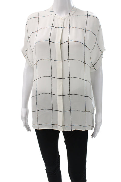 Vince Women Black Silk Check Basic Blouse Round Neck Short Sleeve Size XS