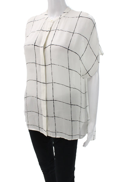 Vince Women Black Silk Check Basic Blouse Round Neck Short Sleeve Size XS