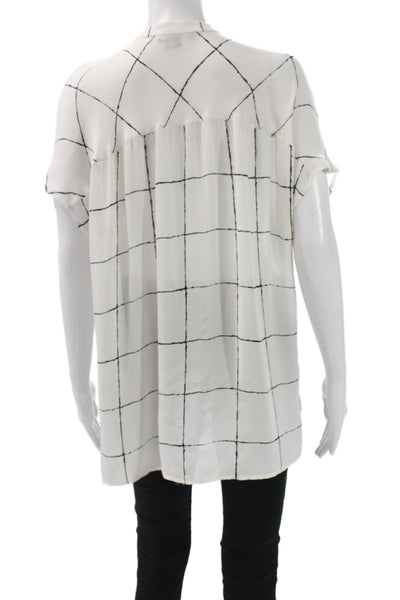 Vince Women Black Silk Check Basic Blouse Round Neck Short Sleeve Size XS