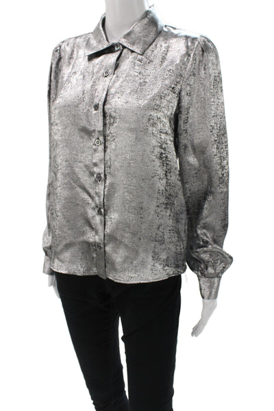 Frame Women Collared Metallic Silver Long Sleeve Button Blouse Size XS