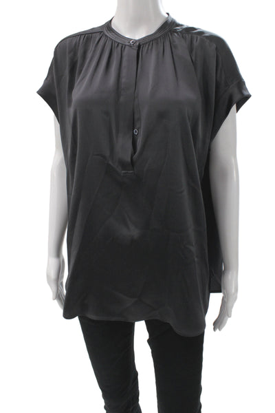 Vince Womens Silk Henley Short Sleeve Blouse Black Size L