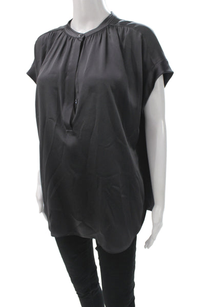 Vince Womens Silk Henley Short Sleeve Blouse Black Size L