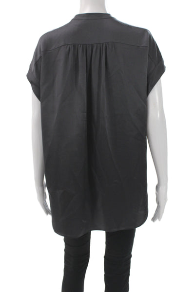 Vince Womens Silk Henley Short Sleeve Blouse Black Size L