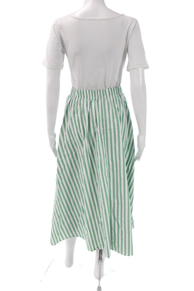 Le Bop Womens A-Line Striped Green Cotton Midi Skirt Size S