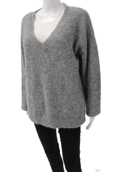 LNA Women V-Neck Pullover Sweater Gray Long Sleeve Size M