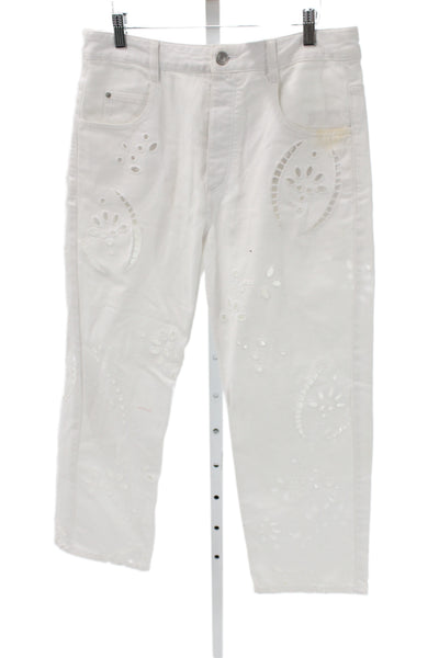 Isabel Marant Women Cropped Pants High Rise Floral White Cotton Size 38