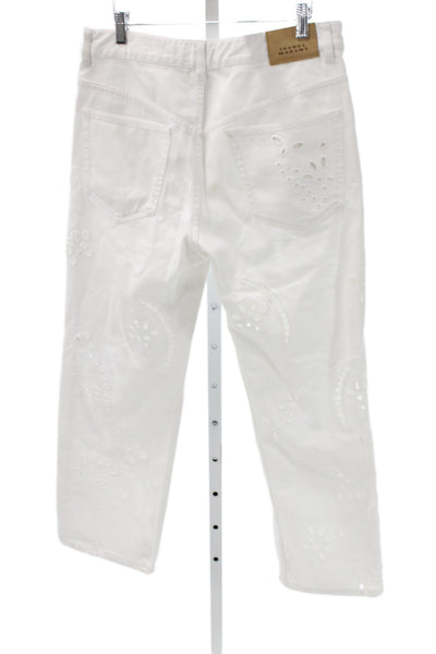 Isabel Marant Women Cropped Pants High Rise Floral White Cotton Size 38