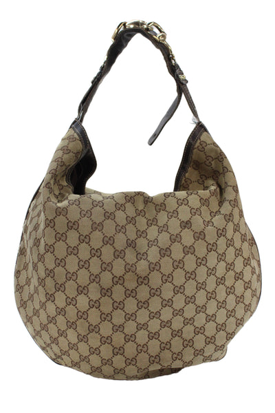 Gucci Vintage Womens Monogram Coated Canvas Hobo Shoulder Handbag Brown