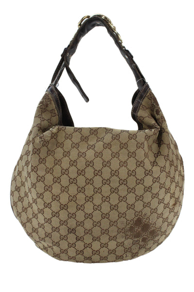Gucci Vintage Womens Monogram Coated Canvas Hobo Shoulder Handbag Brown