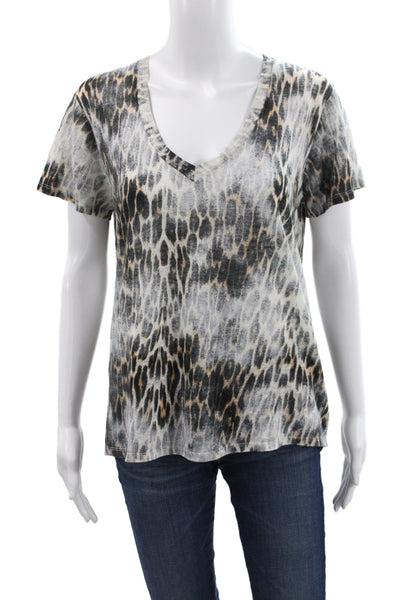 Maje Women Black Linen V-Neck Animal Print Basic T-Shirt Short Sleeve Size 1