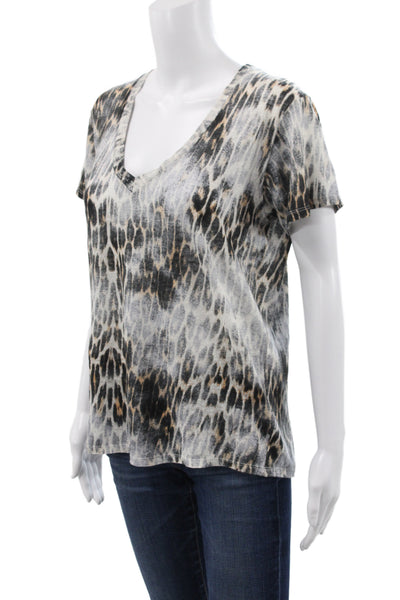 Maje Women Black Linen V-Neck Animal Print Basic T-Shirt Short Sleeve Size 1