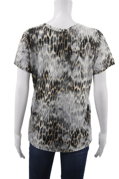 Maje Women Black Linen V-Neck Animal Print Basic T-Shirt Short Sleeve Size 1