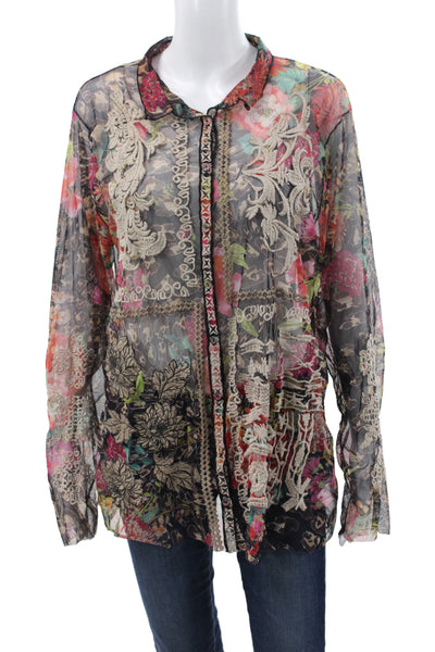 Splendid Women Floral Collared Button Nylon Blouse Long Sleeve Multi Size XL