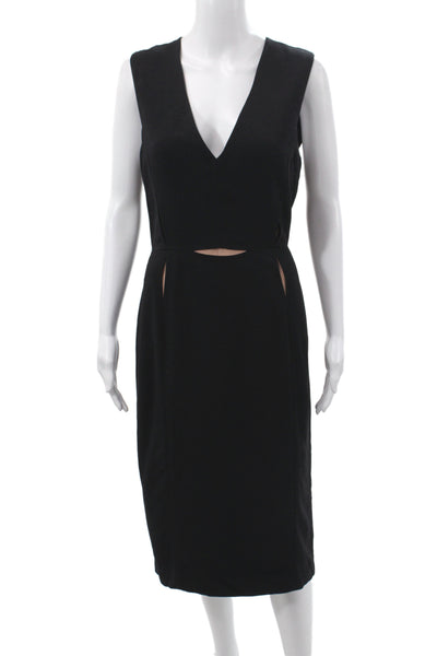 Lanvin Women Sheath Dress Black Silk Midi Sleeveless V-Neck Hook Eye Size M