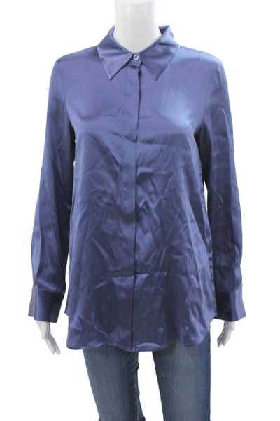 Max + Moi Women Collared Silk Button Long Sleeve Basic Blouse Blue Size 34