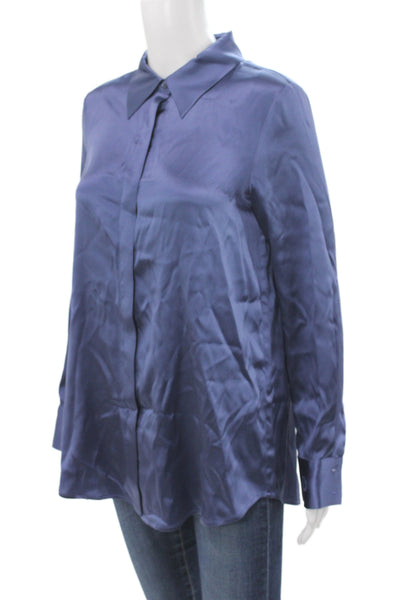 Max + Moi Women Collared Silk Button Long Sleeve Basic Blouse Blue Size 34