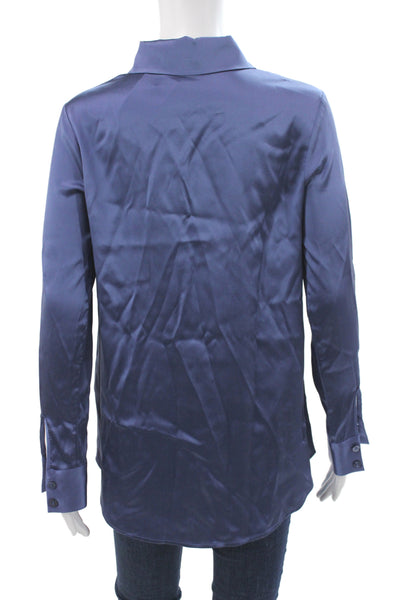 Max + Moi Women Collared Silk Button Long Sleeve Basic Blouse Blue Size 34
