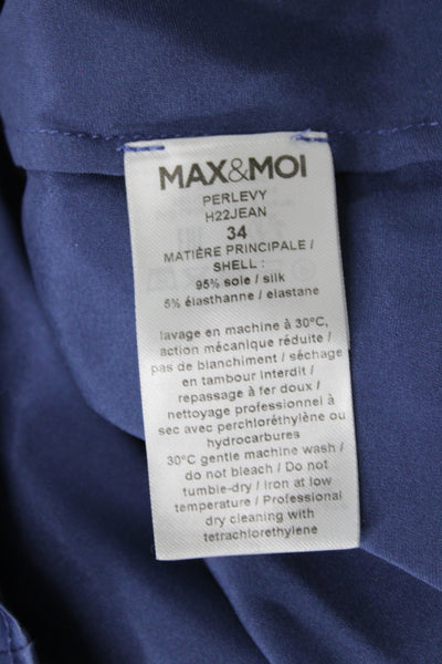 Max + Moi Women Collared Silk Button Long Sleeve Basic Blouse Blue Size 34