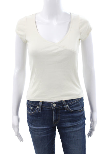John Galt Womens Ivory V-Neck Cotton Short Sleeve Basic T-Shirt Size S