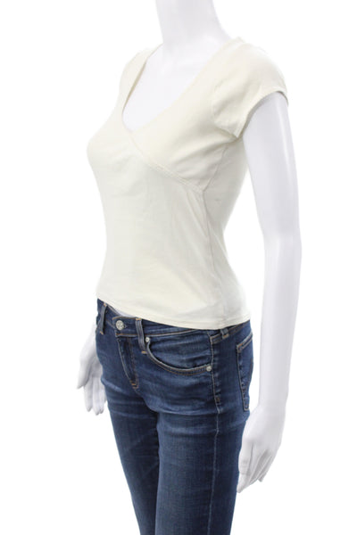 John Galt Womens Ivory V-Neck Cotton Short Sleeve Basic T-Shirt Size S
