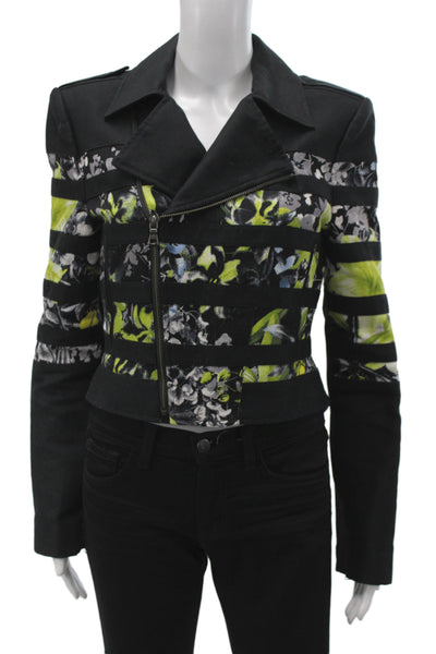 BCBG Max Azria Womens Biker Jacket Black Cotton Floral Zip Long Sleeve Size M