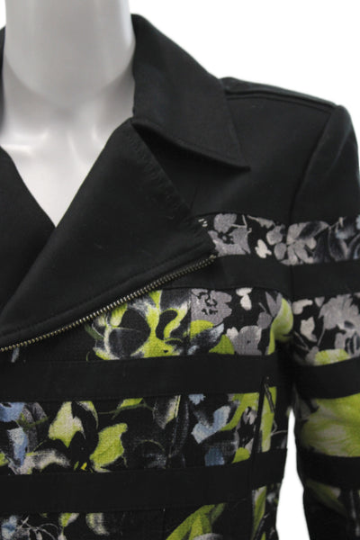 BCBG Max Azria Womens Biker Jacket Black Cotton Floral Zip Long Sleeve Size M