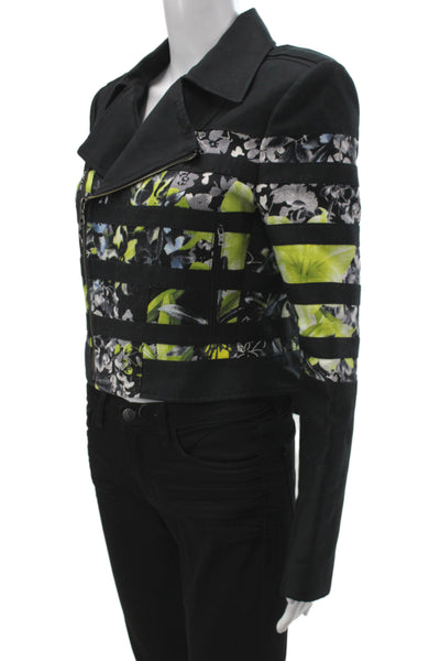 BCBG Max Azria Womens Biker Jacket Black Cotton Floral Zip Long Sleeve Size M
