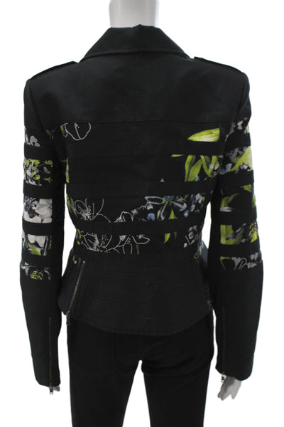 BCBG Max Azria Womens Biker Jacket Black Cotton Floral Zip Long Sleeve Size M