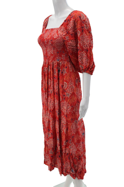 Angie Womens Maxi Dress Red Floral Square Neck 3/4 Sleeve Rayon Boho Size S