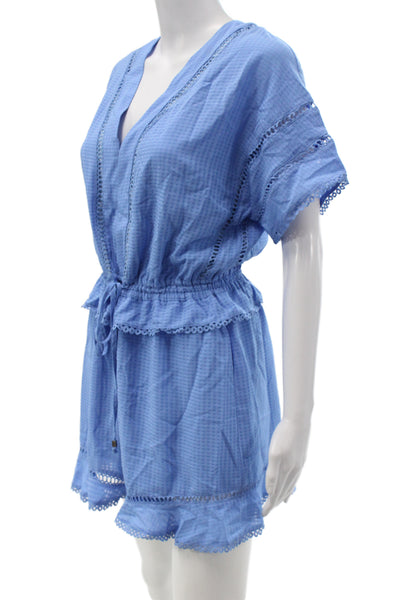 Adelyn Rae Women Blue Check V Neck Short Sleeve Romper Size S