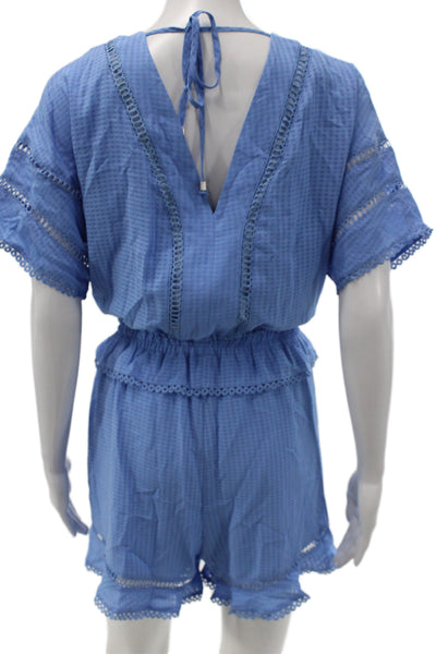 Adelyn Rae Women Blue Check V Neck Short Sleeve Romper Size S