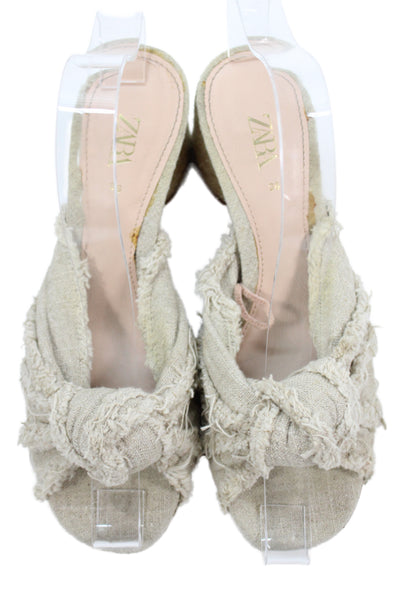 Zara Womens Frayed Knot Tied Strapped Block Heels Mules Beige Size EUR 36