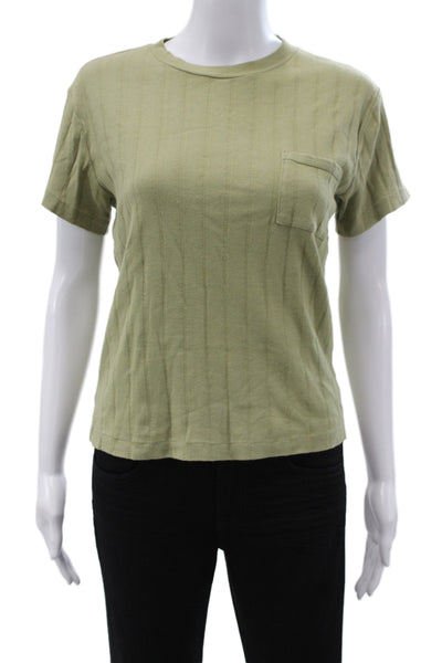 Redone Women Green Striped Cotton T-Shirt Short Sleeve Crew Neck Size S